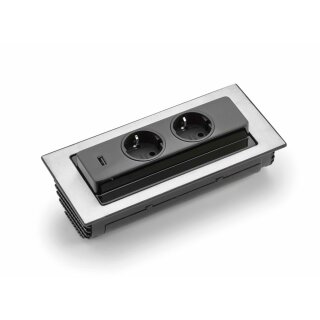 EVOline Backflip Edelstahl Steckdosenelement. 2-fach. Drehbar mit USB Charger (Ladestation).