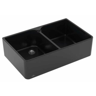 Villeroy & Boch Spülstein 80 X Spülstein Doppelbecken inklusive Ablaufgarnitur mit Handbetätigung in Ebony CeramicPlus, 795 x 500 x 220 mm, 37,7 kg